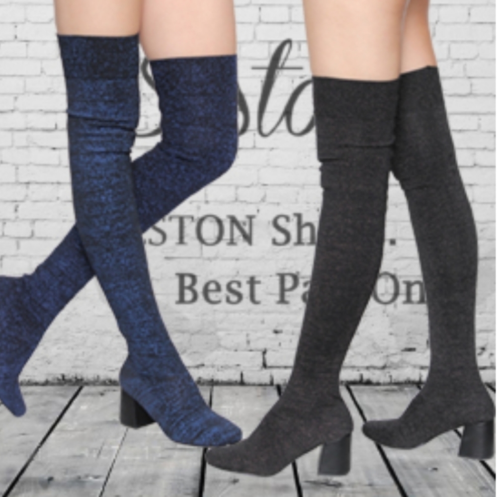 Stretchy Sock Pull on Block Heel Thigh Hight Boots black and gold